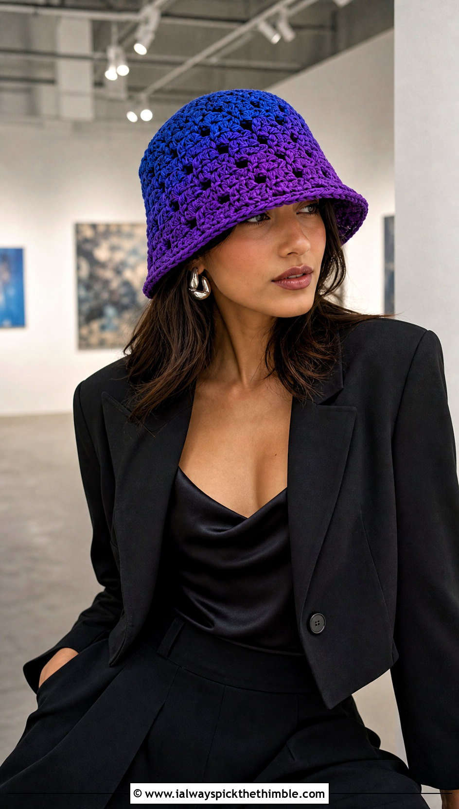 Ombre Granny Stitch Bucket Hat With Satin Camisole And Trousers - 20 crochet granny stitch bucket hat outfit ideas