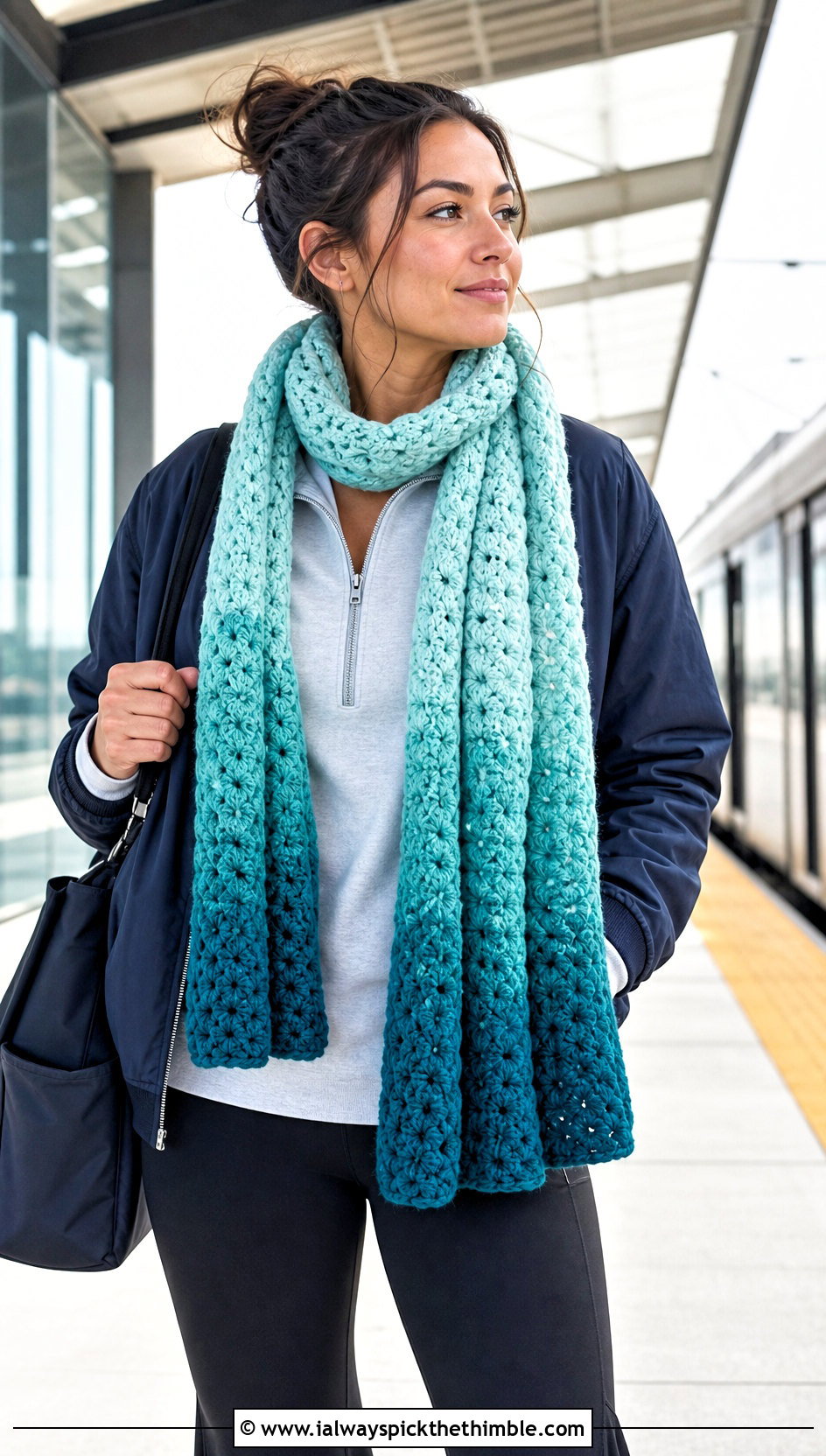 Ombre Granny Stitch Scarf With Athleisure - 20 crochet granny stitch scarf outfit ideas