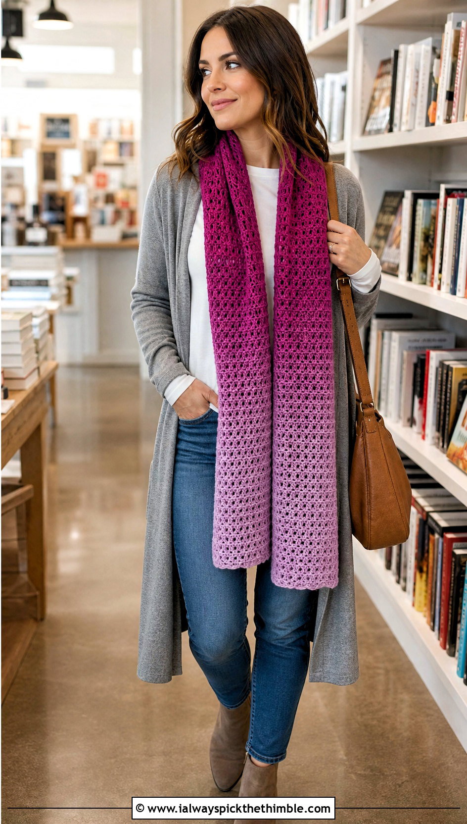 Ombre Half Double Crochet Scarf With Long Cardigan - 20 Half Double Crochet Scarf outfit ideas