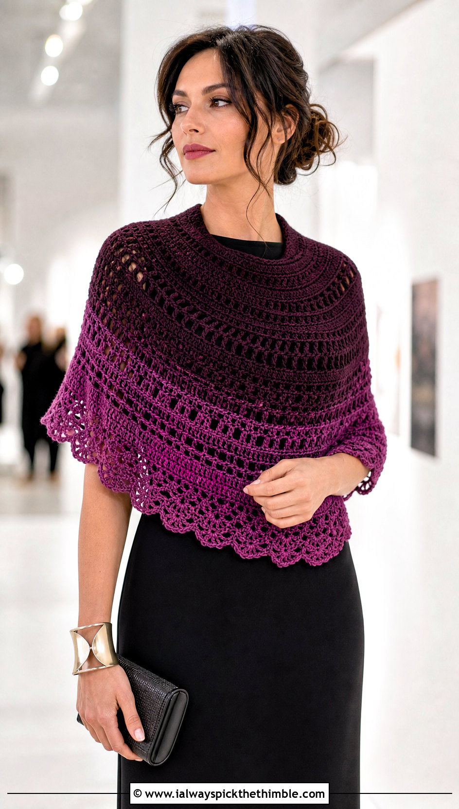 Ombre Half Moon Crochet Shawl With Black Column Dress - 20 Half Moon Crochet Shawl outfit ideas