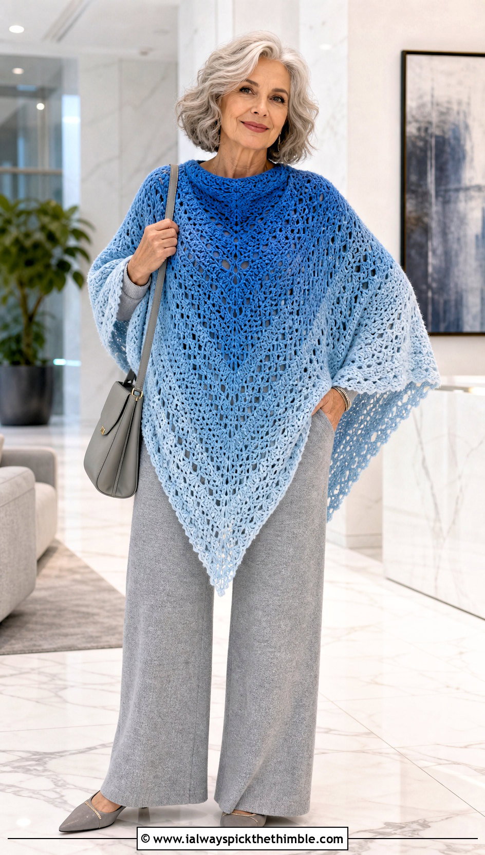Ombre Heart Crochet Shawl With Monochrome Separates - 20 Heart Crochet Shawl outfit ideas