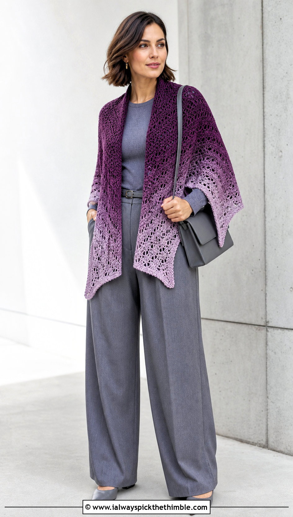 Ombre Hexagon Shawl With Monochrome Outfit - 20 Crochet Hexagon Shawl outfit ideas
