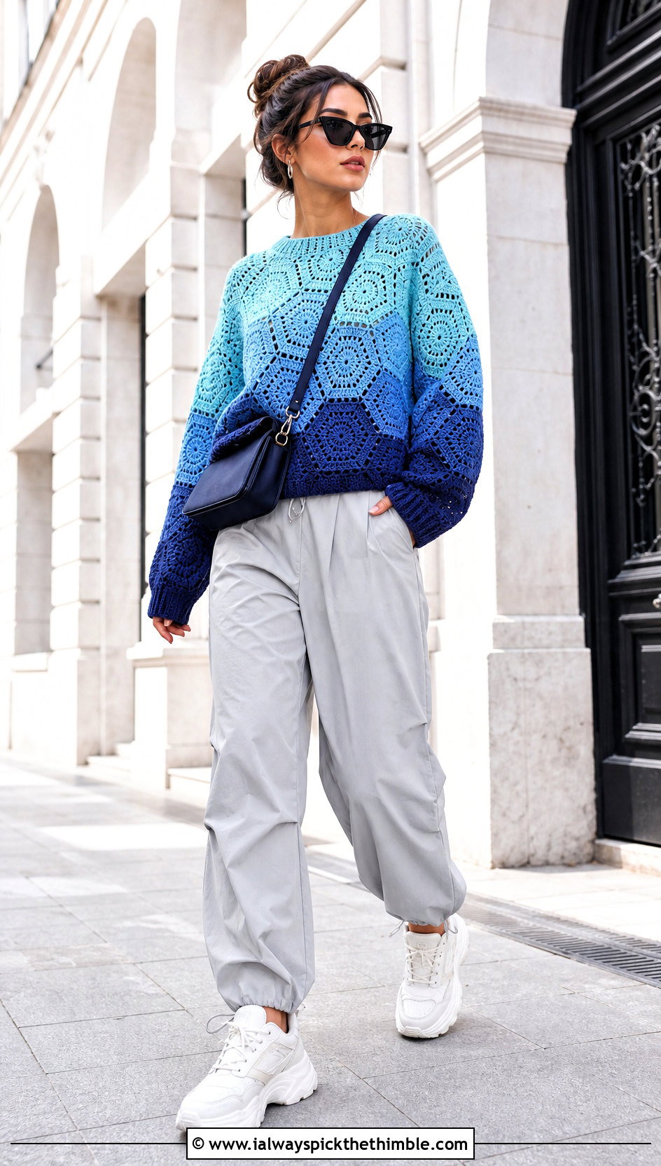 Ombre Hexagon Sweater With Parachute Pants - 25 crochet hexagon sweater outfit ideas