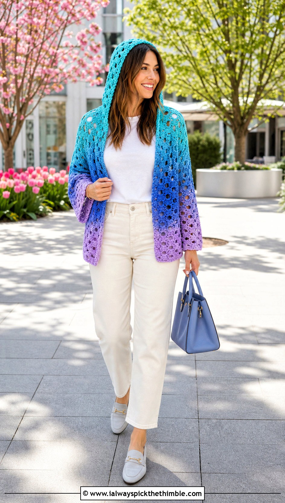 Ombre Hexi Crochet Hoodie With White Jeans - 20 hexi crochet hoodie outfit ideas