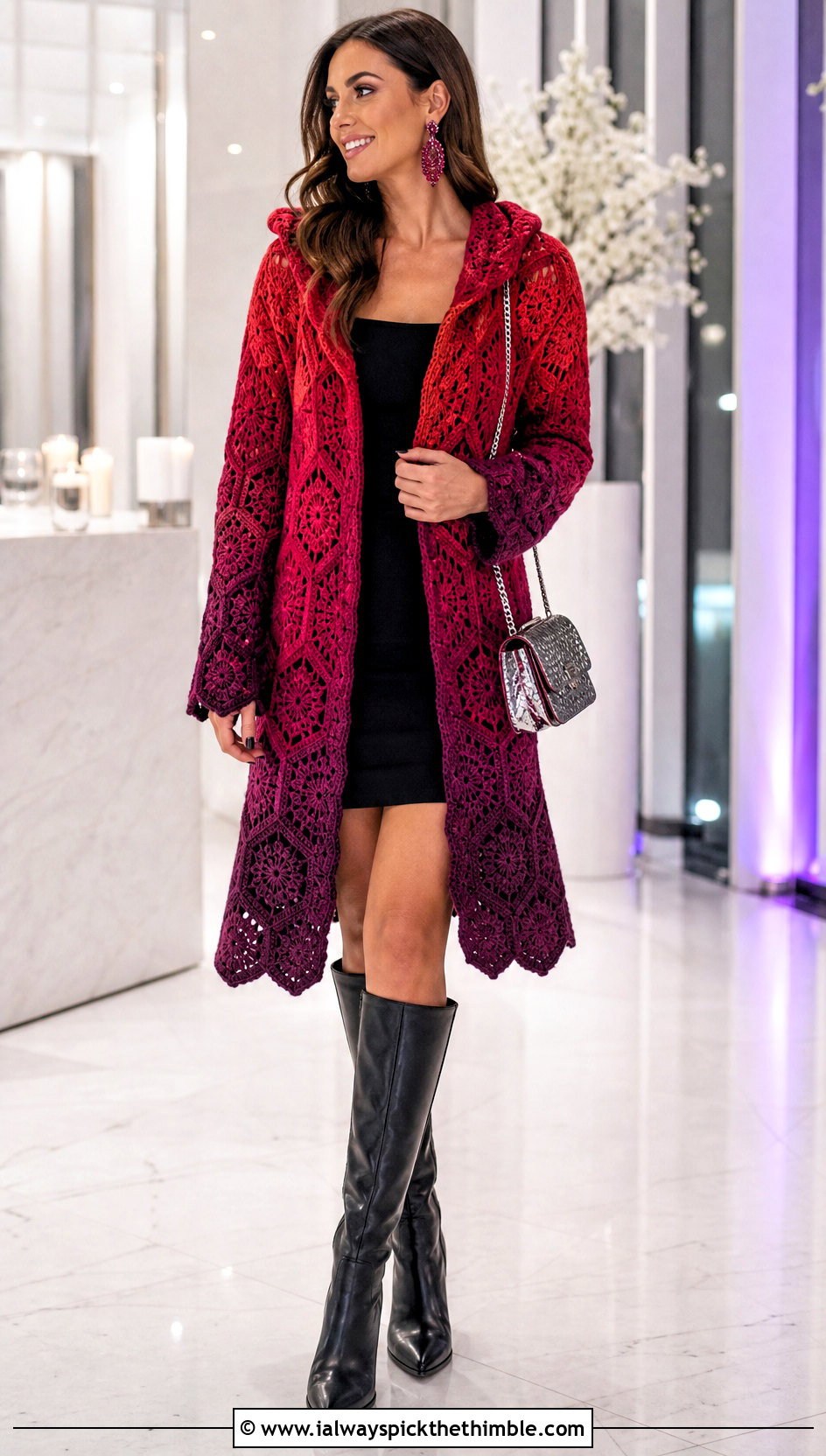 Ombre Hooded Hexagon Cardigan With Mini Dress - 20 Crochet Hexagon Cardigan With Hood outfit ideas