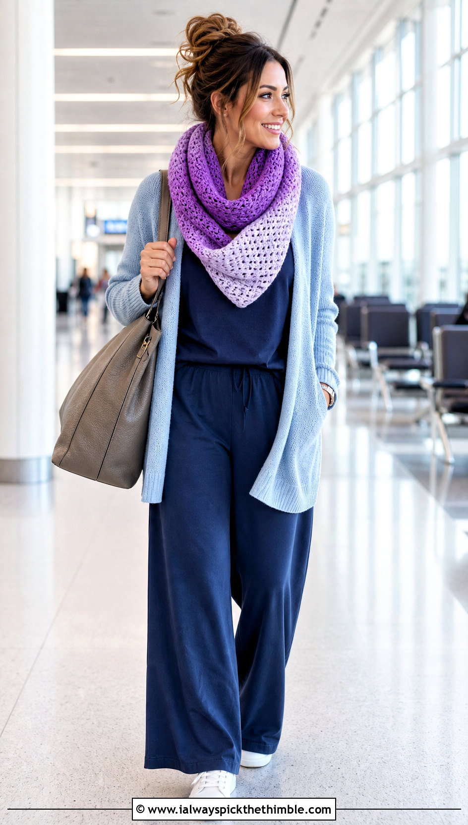 Ombre Infinity Scarf With Airport Outfit - 20 Beginner Crochet Infinity Scarf outfit ideas
