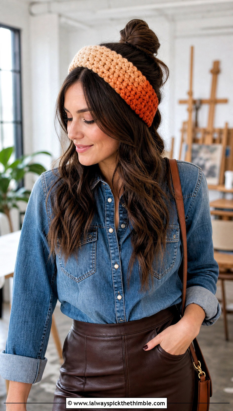 Ombre Jasmine Stitch Headband With Denim Shirt - 20 Crochet Jasmine Stitch Headband outfit ideas