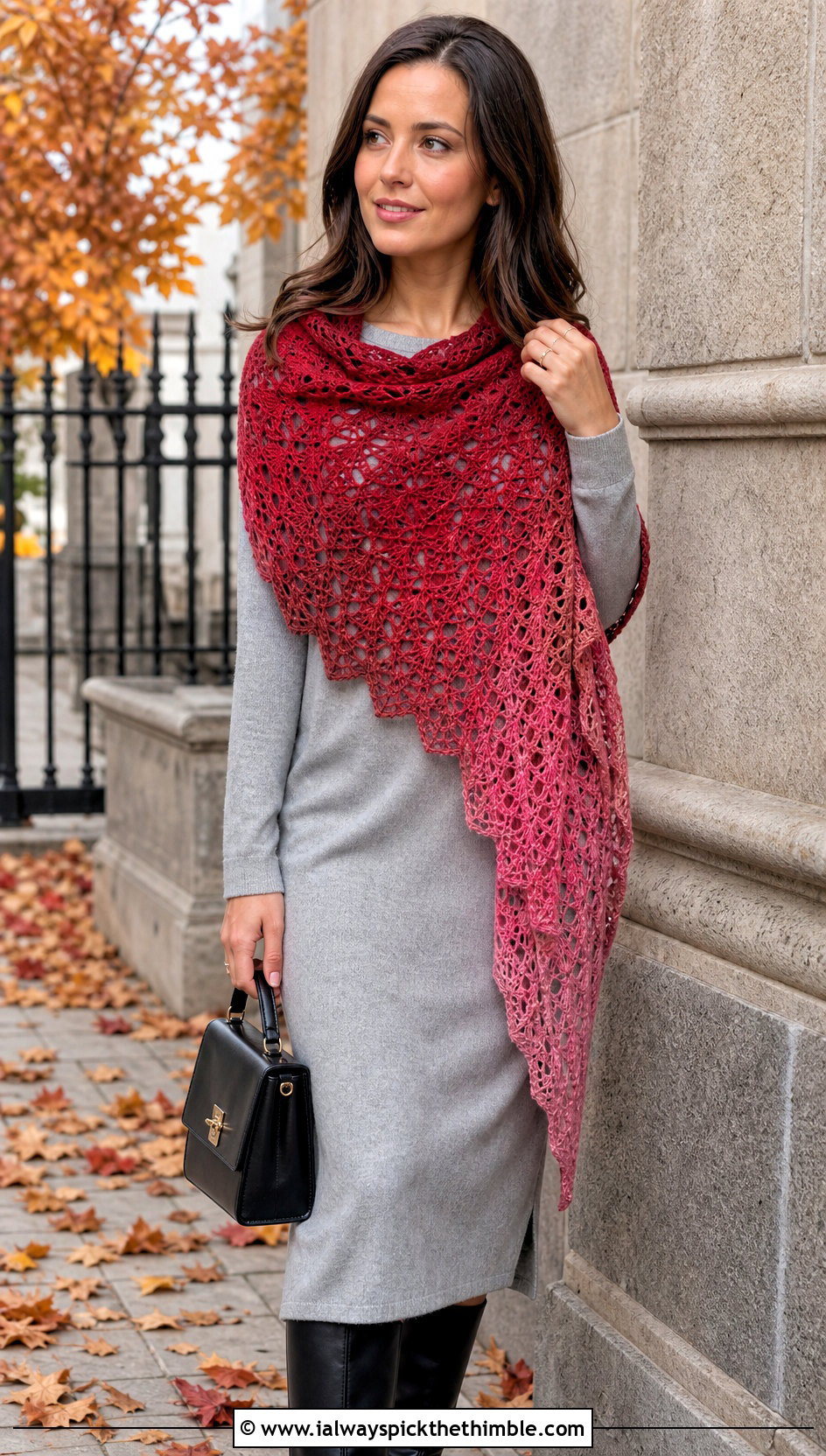 Ombre Lace Triangle Shawl With Knit Dress And Boots - 20 Victorian Crochet Shawl outfit ideas