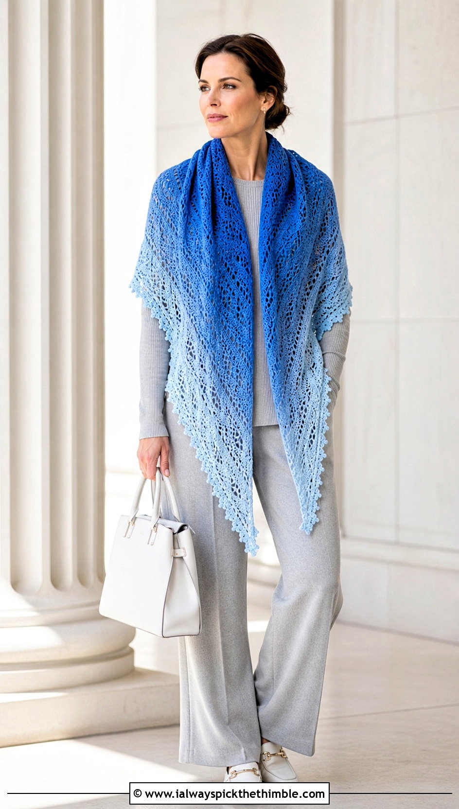 Ombre Lace Triangle Shawl With Monochrome Outfit - 20 Crochet Lace Triangle Shawl outfit ideas