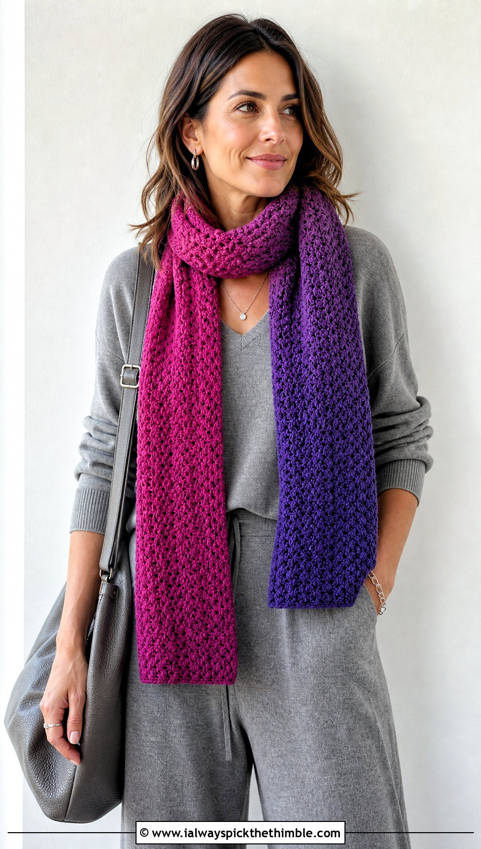 Ombre Lemon Peel Stitch Scarf With Monochrome Knit Set - 20 Crochet Lemon Peel Stitch Scarf outfit ideas