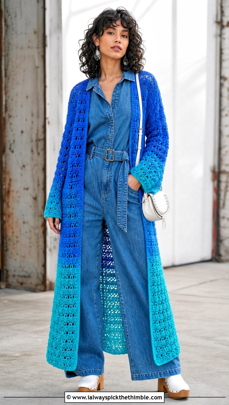 Ombre Long Crochet Duster With Denim Jumpsuit - 20 Long Crochet Duster outfit ideas