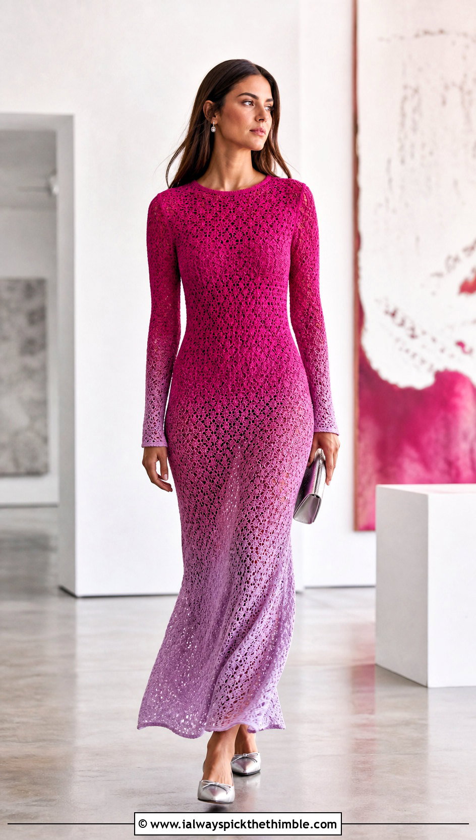 Ombre Long Sleeve Crochet Maxi Dress With Metallic Flats - 25 long sleeve crochet dress outfit ideas