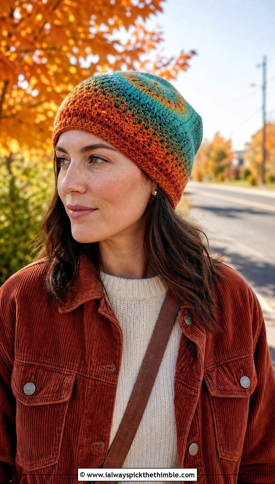 Ombre Mandala Crochet Beanie With Corduroy Jacket - 20 Mandala Crochet Beanie outfit ideas