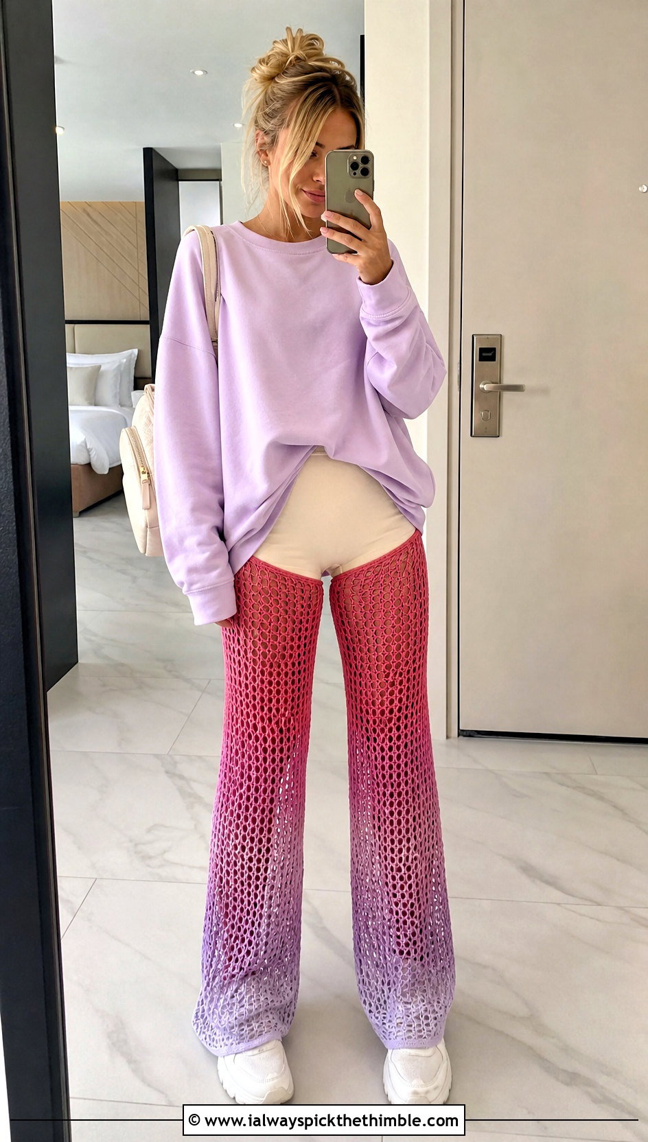 Ombre Mesh Crochet Beach Trousers With Oversized Sweatshirt - 20 Crochet Beach Trousers outfit ideas