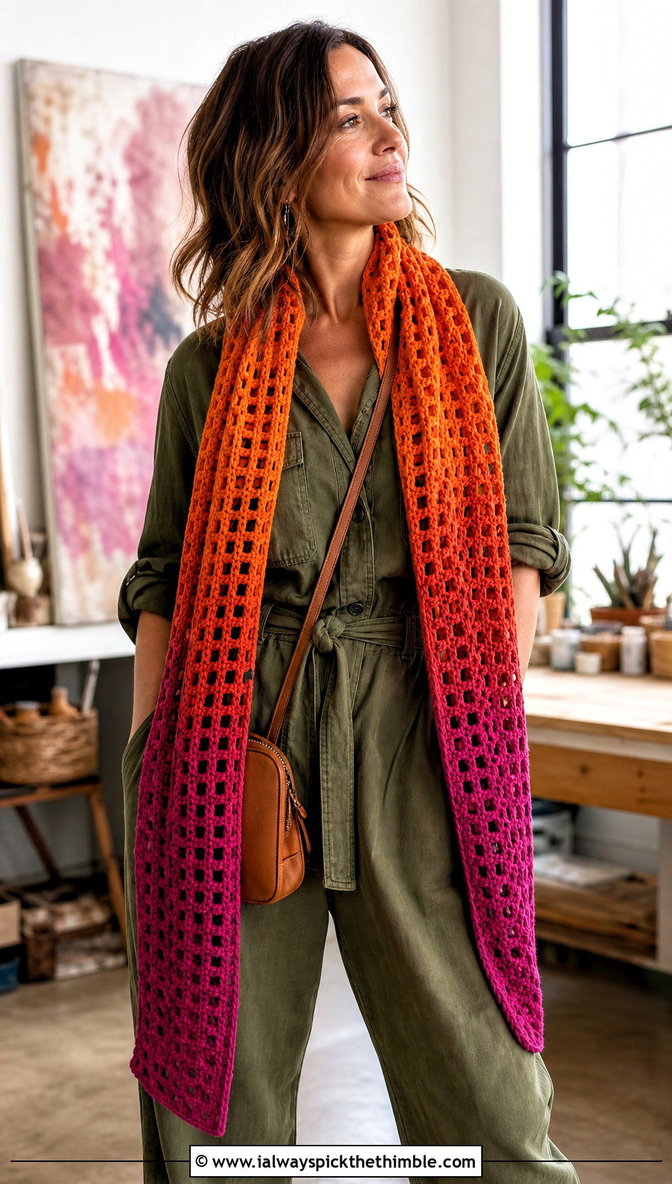 Ombre Mesh Crochet Scarf With Utility Jumpsuit - 20 Mesh Crochet Scarf outfit ideas