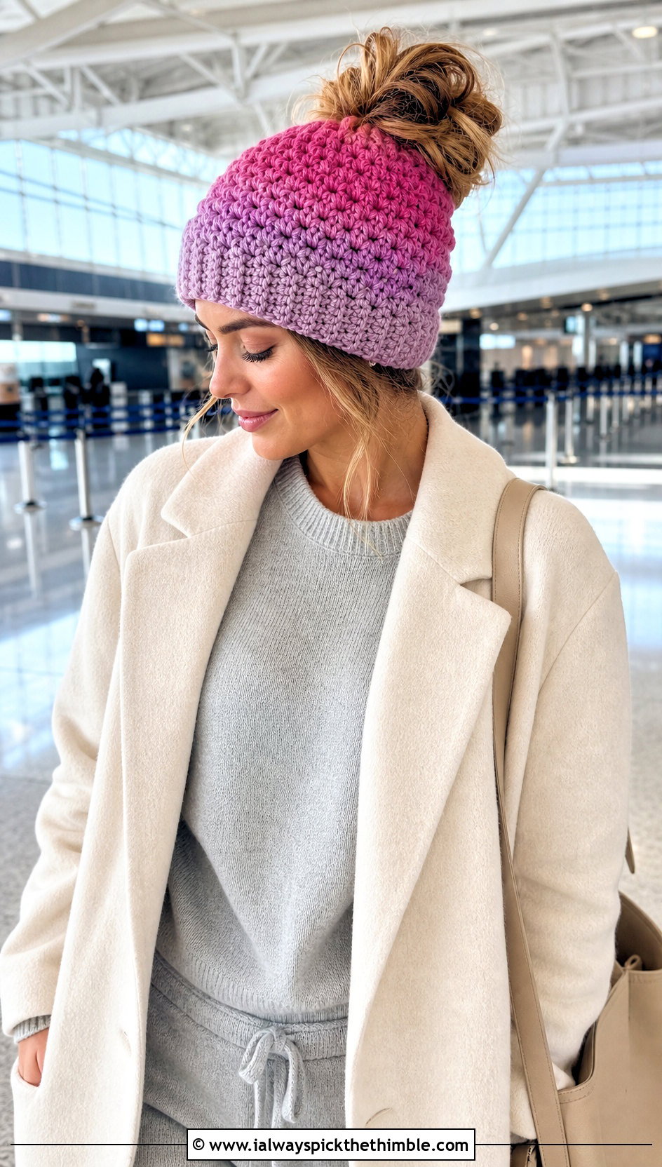 Ombre Messy Bun Crochet Hat With Knit Lounge Set - 25 crochet messy bun hat outfit ideas