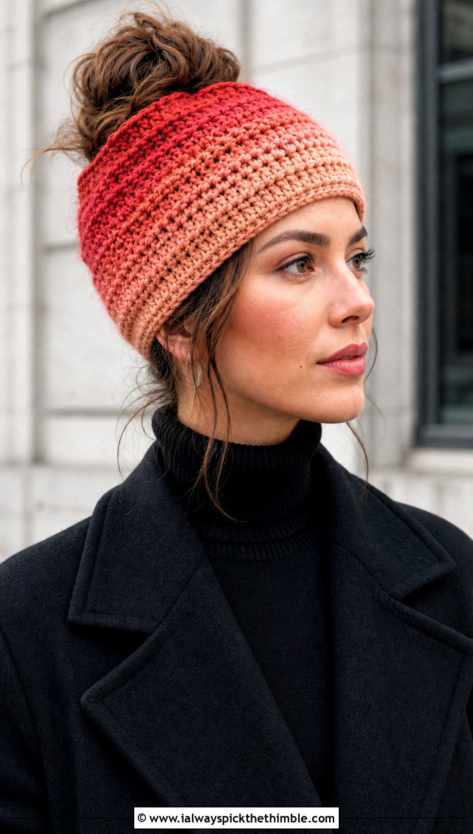 Ombre Messy Bun Crochet Hat With Monochrome Outfit - 20 messy bun crochet hat with hair tie outfit ideas