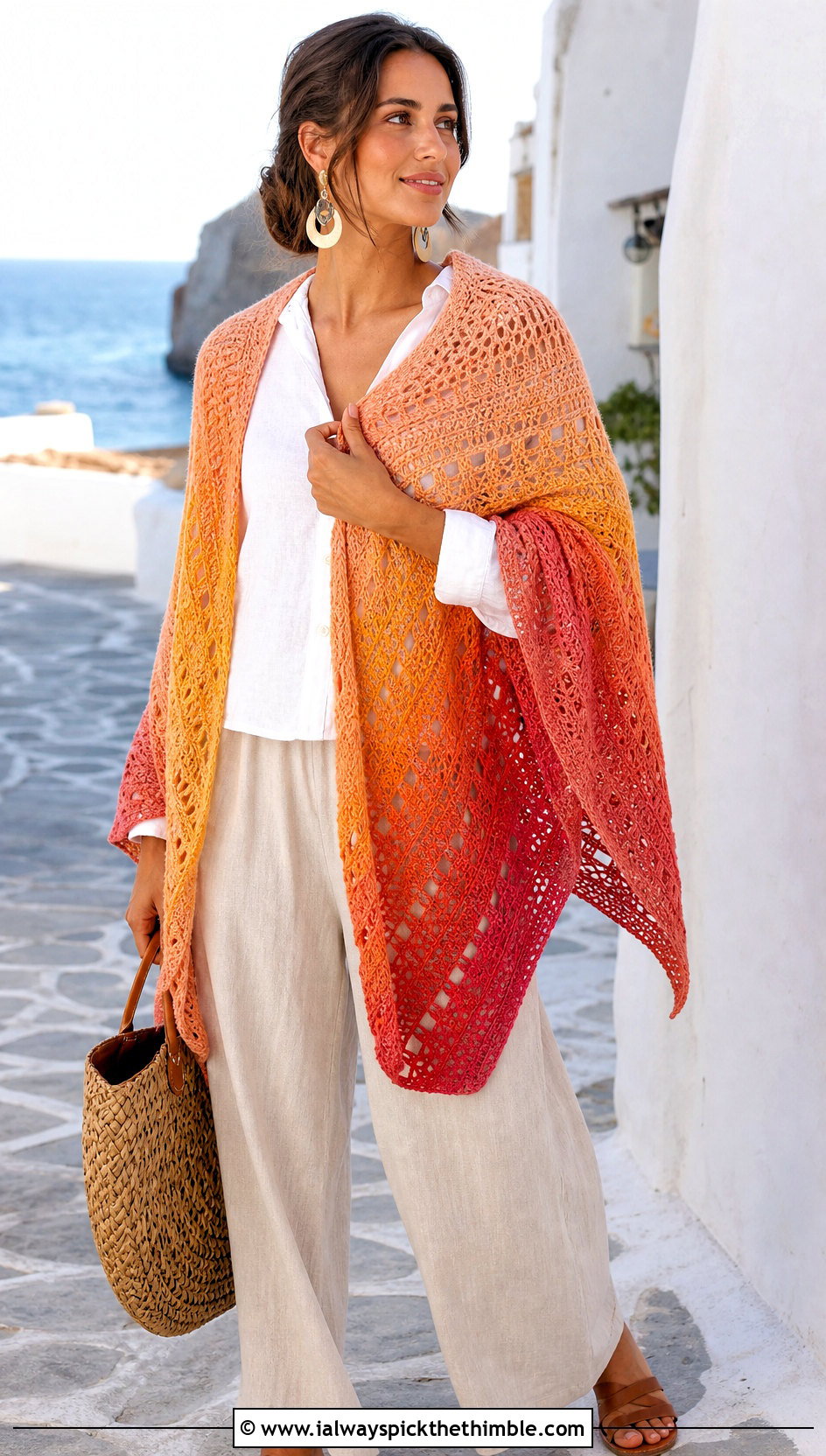 Ombre Mosaic Crochet Shawl With Linen Shirt And Palazzo Pants - 20 mosaic crochet shawl outfit ideas