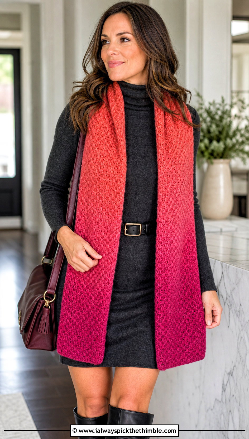 Ombre Moss Stitch Crochet Scarf With Sweater Dress And Knee High Boots - 20 Moss Stitch Crochet Scarf outfit ideas