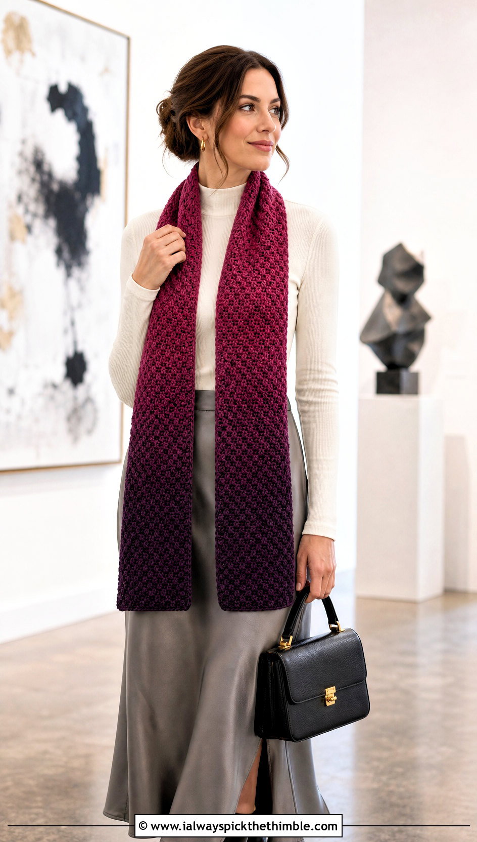 Ombre Moss Stitch Scarf With A Satin Midi Skirt - 25 crochet moss stitch scarf outfit ideas