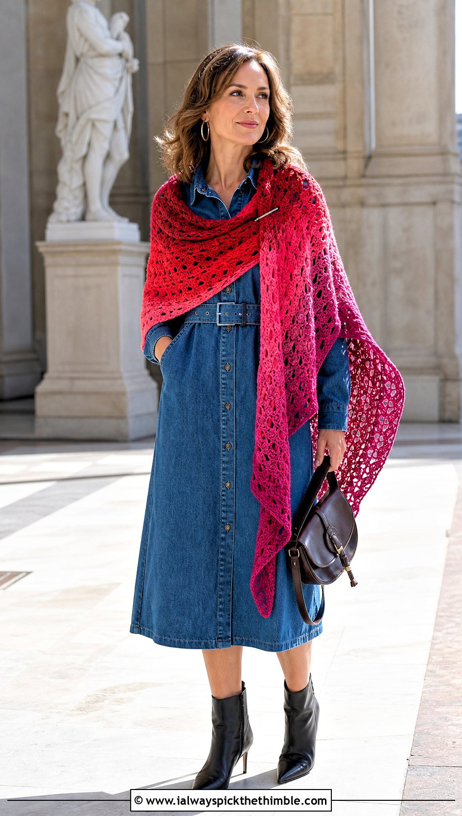 Ombre Never Ending Crochet Shawl With A Denim Dress - 15 Never Ending Crochet Shawl outfit ideas