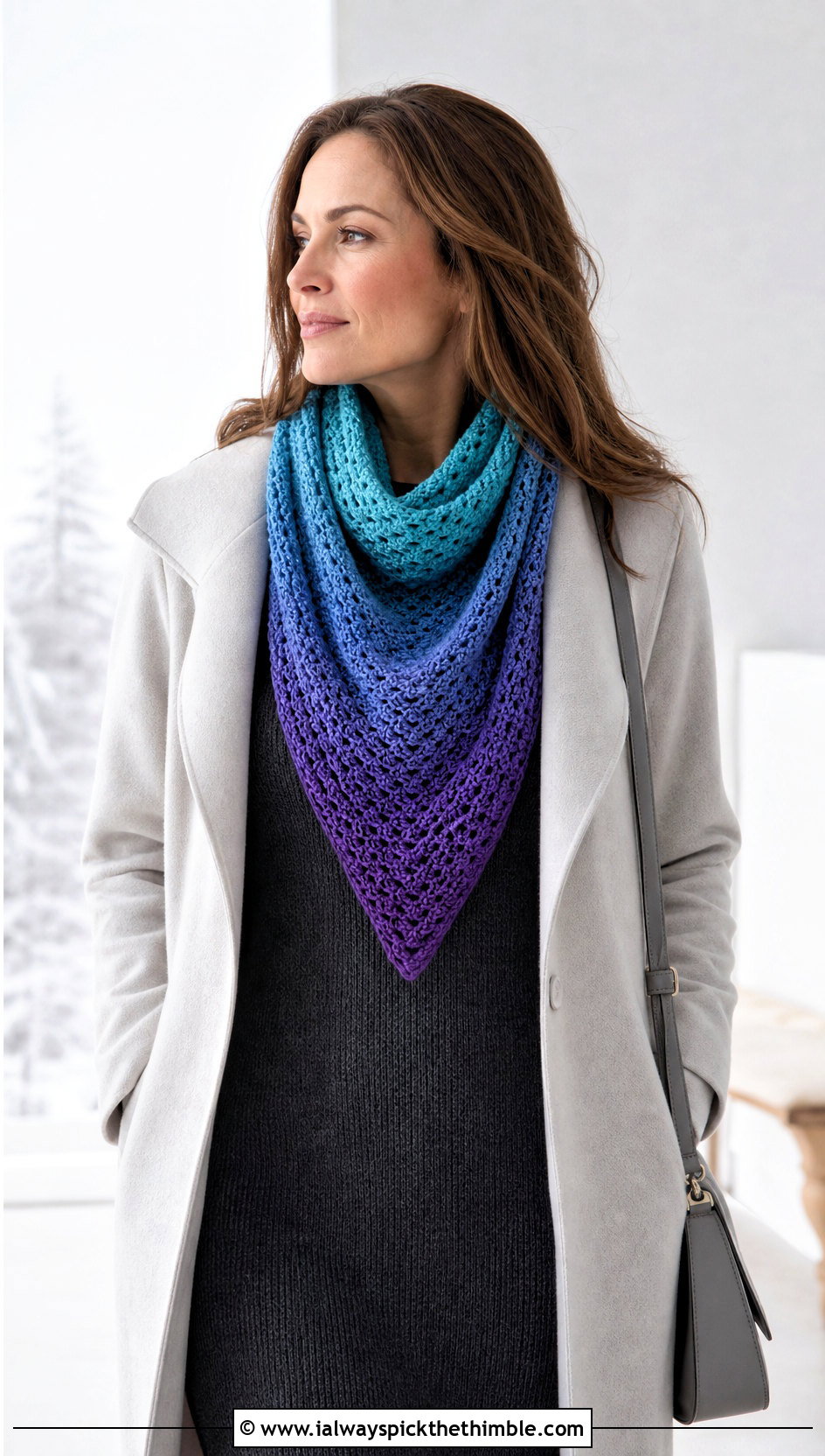 Ombre One Skein Triangle Crochet Scarf With Knit Dress - 15 One Skein Triangle Crochet Scarf outfit ideas