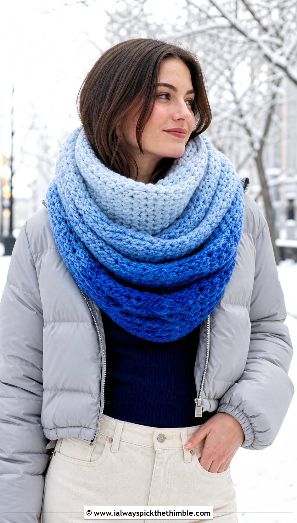 Ombre Oversized Crochet Infinity Scarf With Puffer Jacket - 15 Oversized Crochet Infinity Scarf outfit ideas