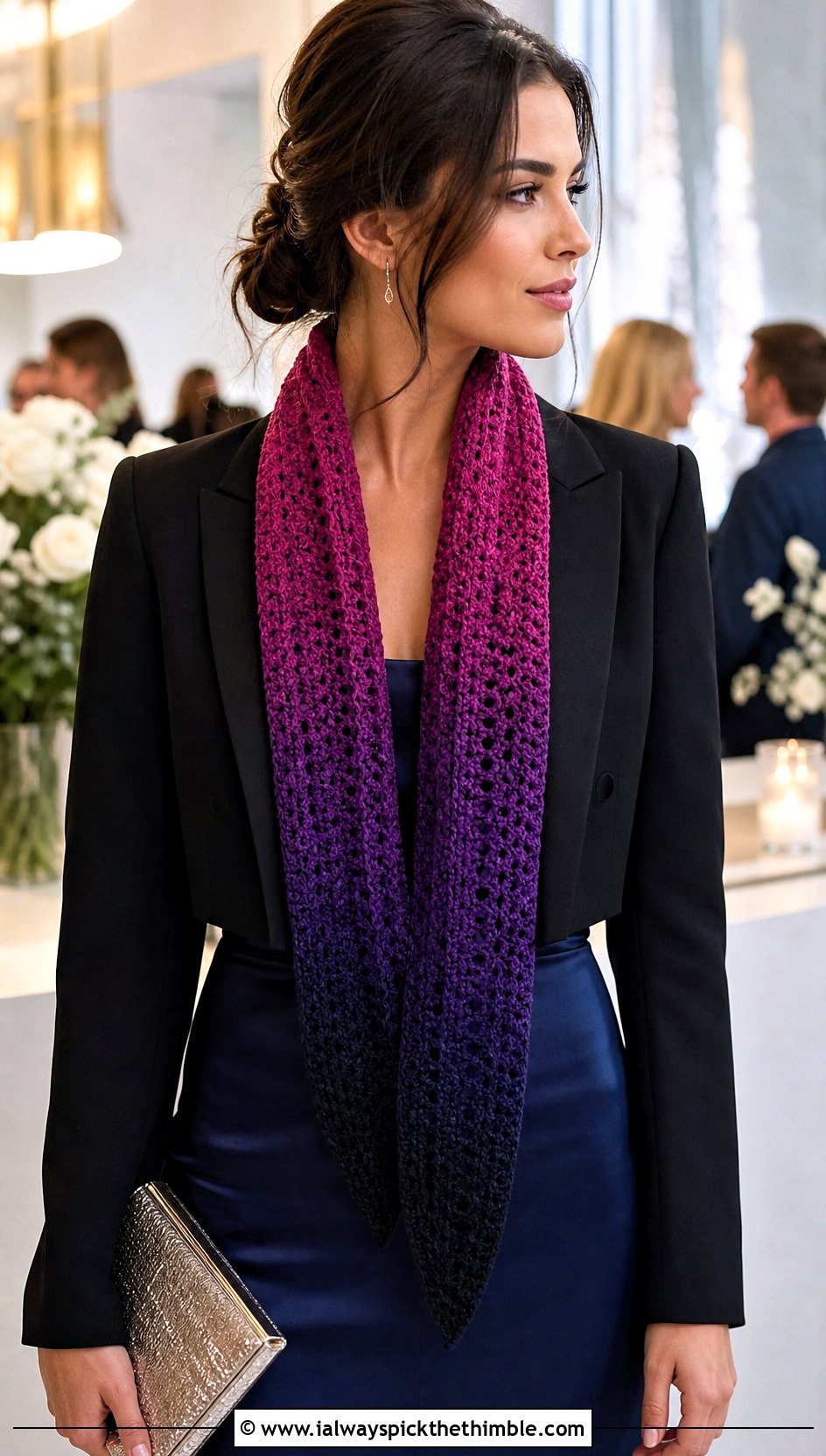 Ombre Pencil Crochet Scarf With Satin Dress - 20 Pencil Crochet Scarf outfit ideas