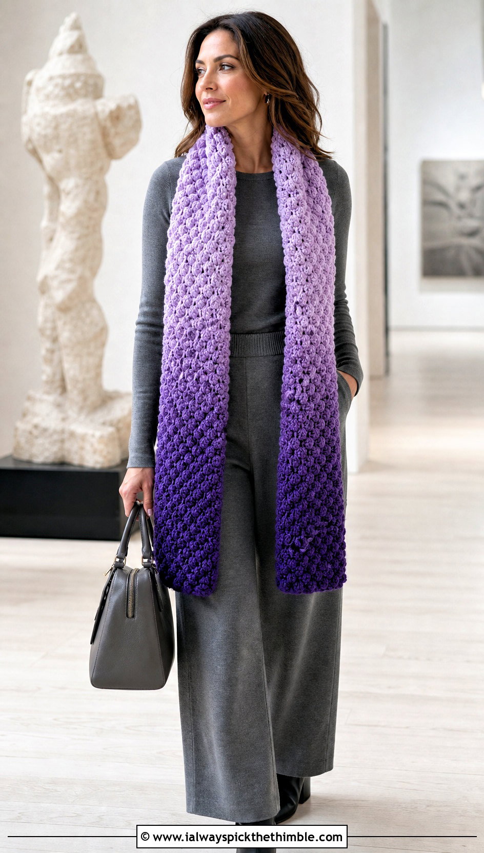 Ombre Popcorn Crochet Scarf With Monochrome Outfit - 20 Popcorn Crochet Scarf outfit ideas