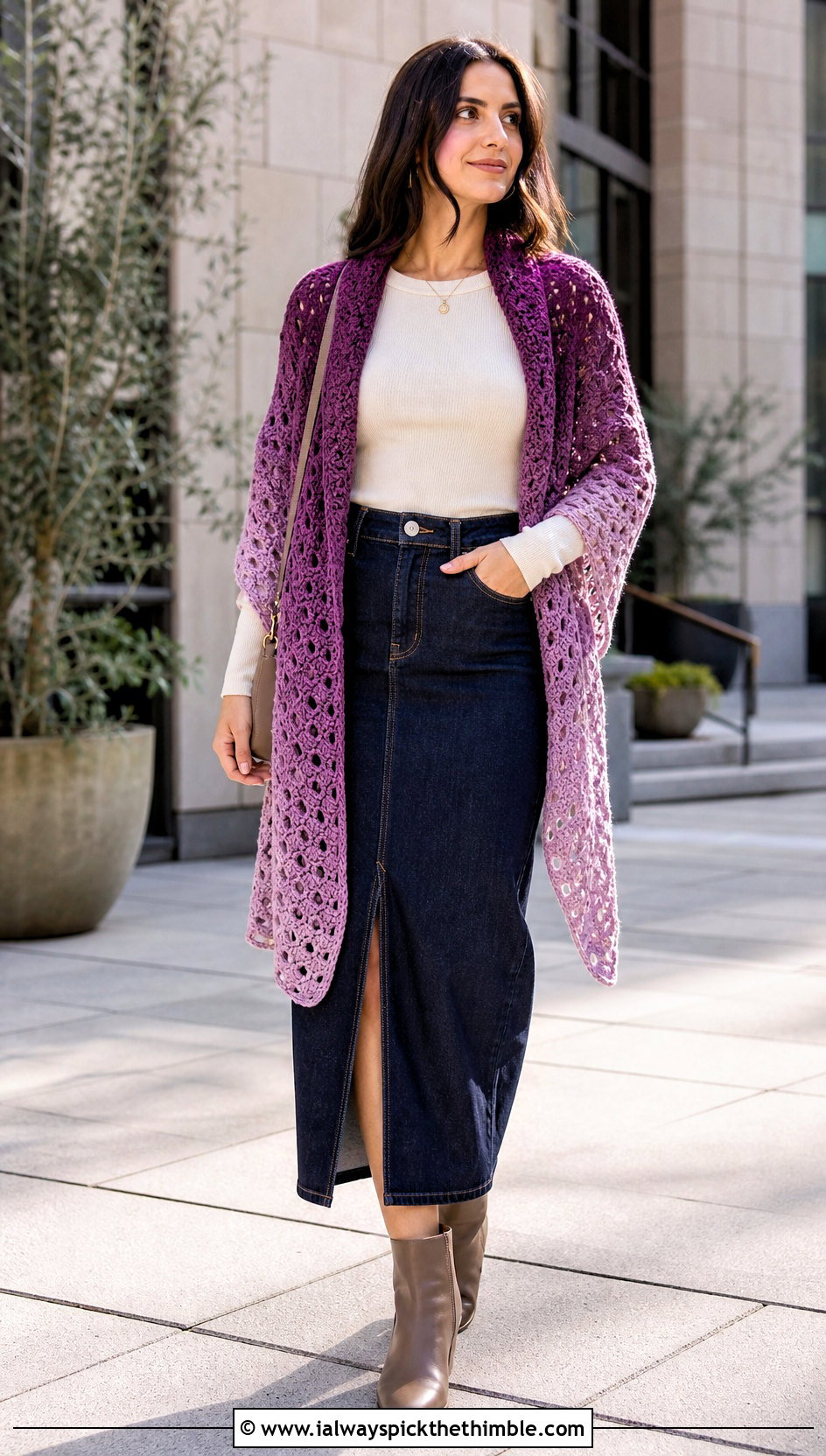 Ombre Prayer Shawl With Denim Midi Skirt - 25 easy crochet prayer shawls outfit ideas