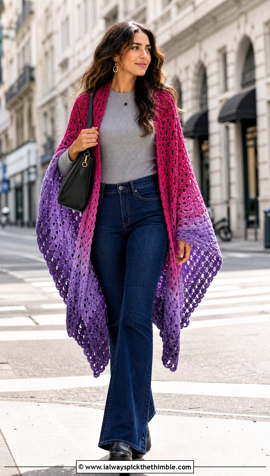 Ombre Prayer Shawl With Flared Jeans - 25 crochet prayer shawl outfit ideas