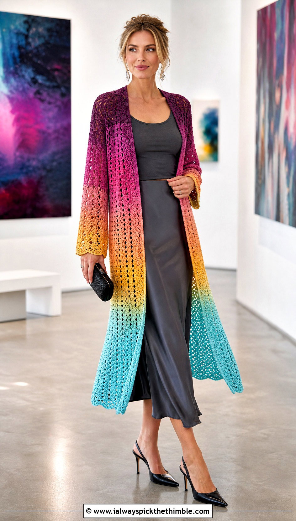 Ombre Rainbow Crochet Cardigan With Satin Skirt - 20 Rainbow Crochet Cardigan outfit ideas