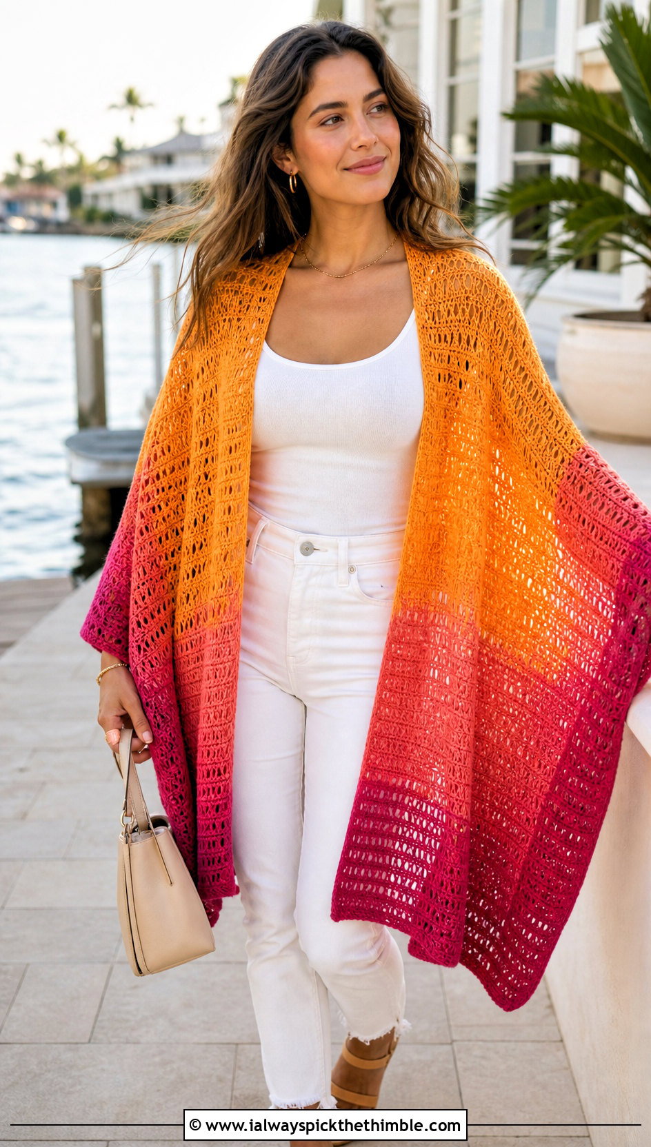 Ombre Rectangle Crochet Shawl With White Denim - 20 Easy Crochet Rectangle Shawl outfit ideas
