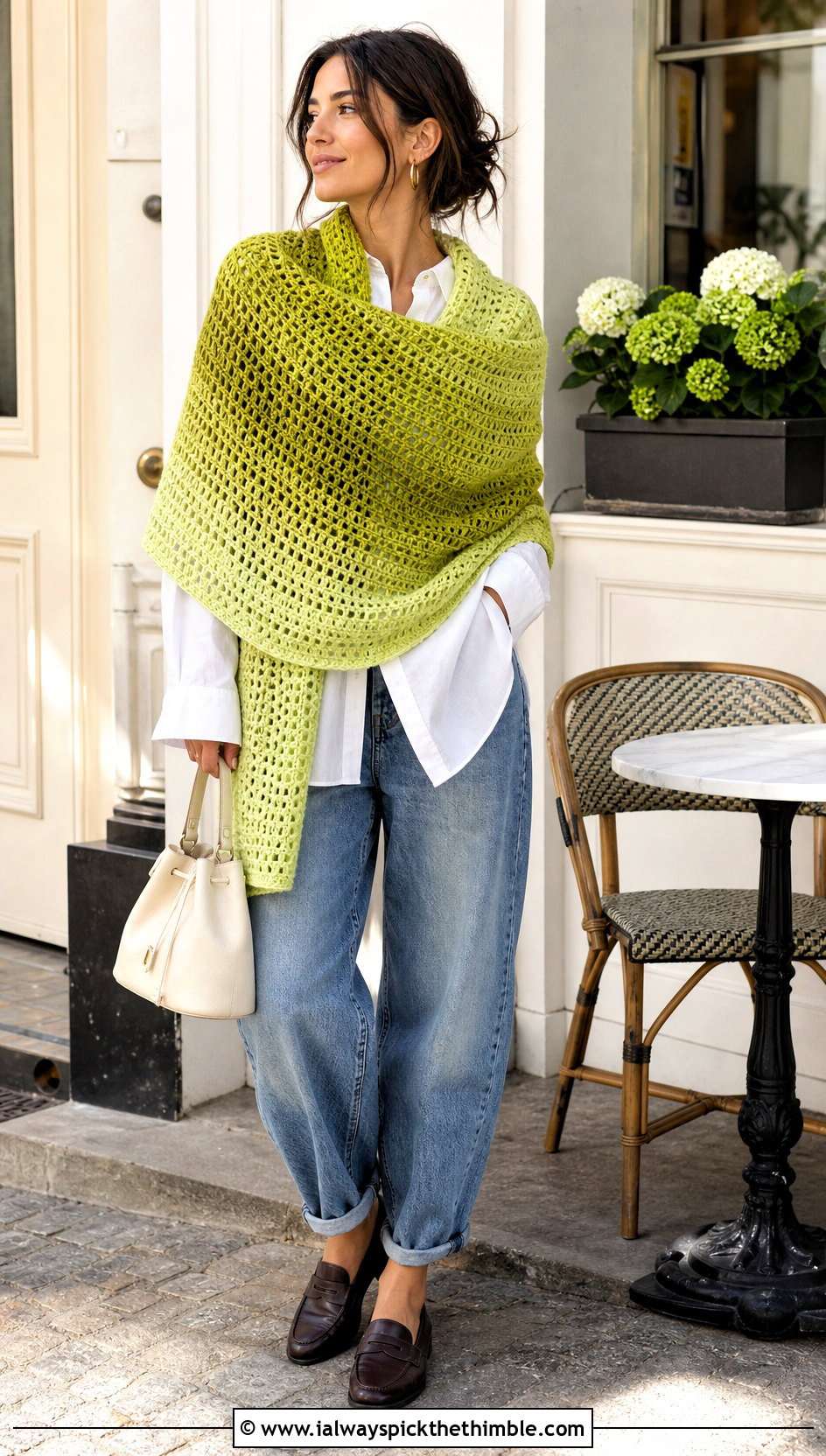 Ombre Rectangle Crochet Shawl With White Shirt And Barrel Jeans - 20 Rectangle Crochet Shawl outfit ideas