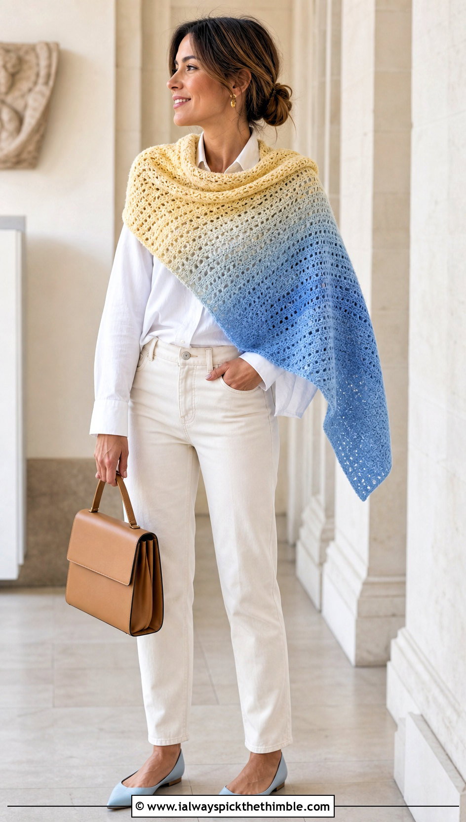 Ombre Rectangle Crochet Shawl With White Shirt And Jeans - 20 Rectangle Crochet Shawls outfit ideas