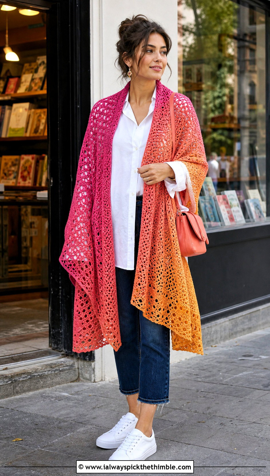 Ombre Rectangle Crochet Shawl With White Shirt And Jeans - 20 Easy Rectangle Crochet Shawl outfit ideas