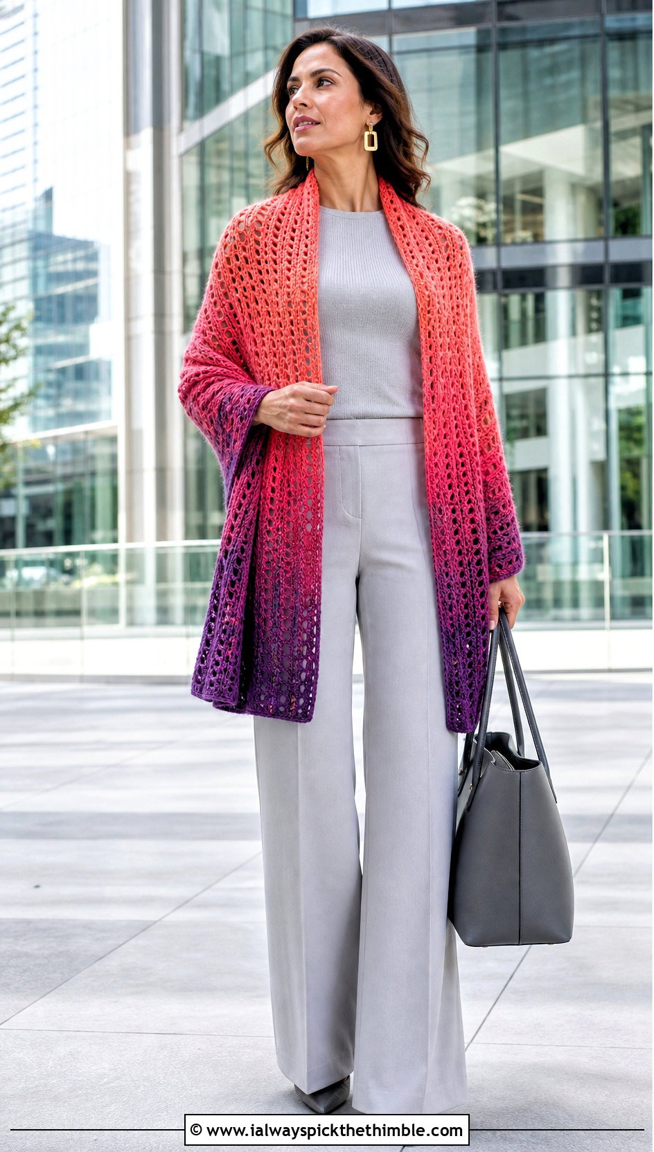 Ombre Rectangular Crochet Shawl With Monochrome Outfit - 20 rectangular crochet shawls outfit ideas