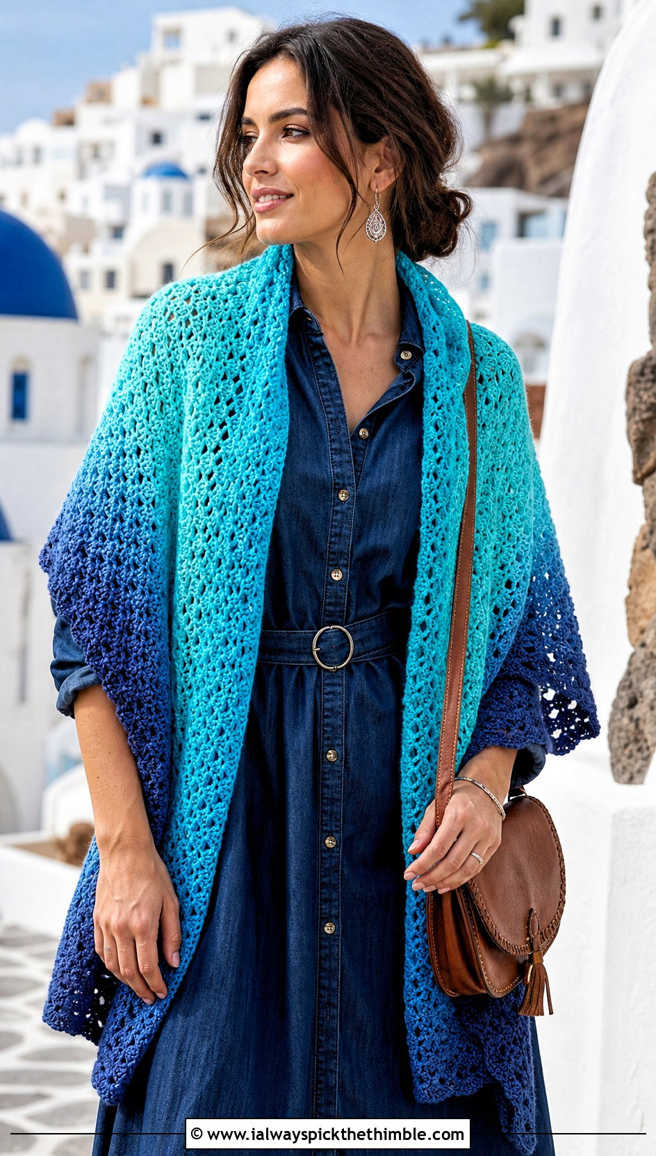 Ombre Rectangular Shawl With Denim Midi Dress - 20 crochet rectangular shawl outfit ideas