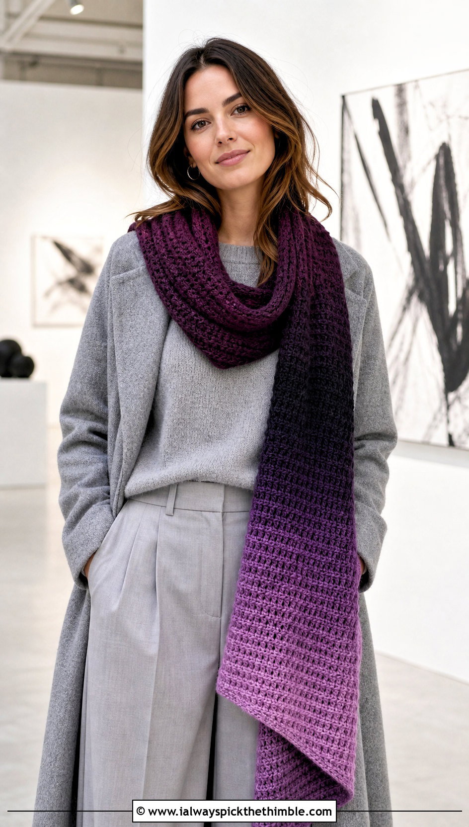 Ombre Ribbed Crochet Scarf With Monochrome Outfit - 20 Ribbed Crochet Scarf outfit ideas
