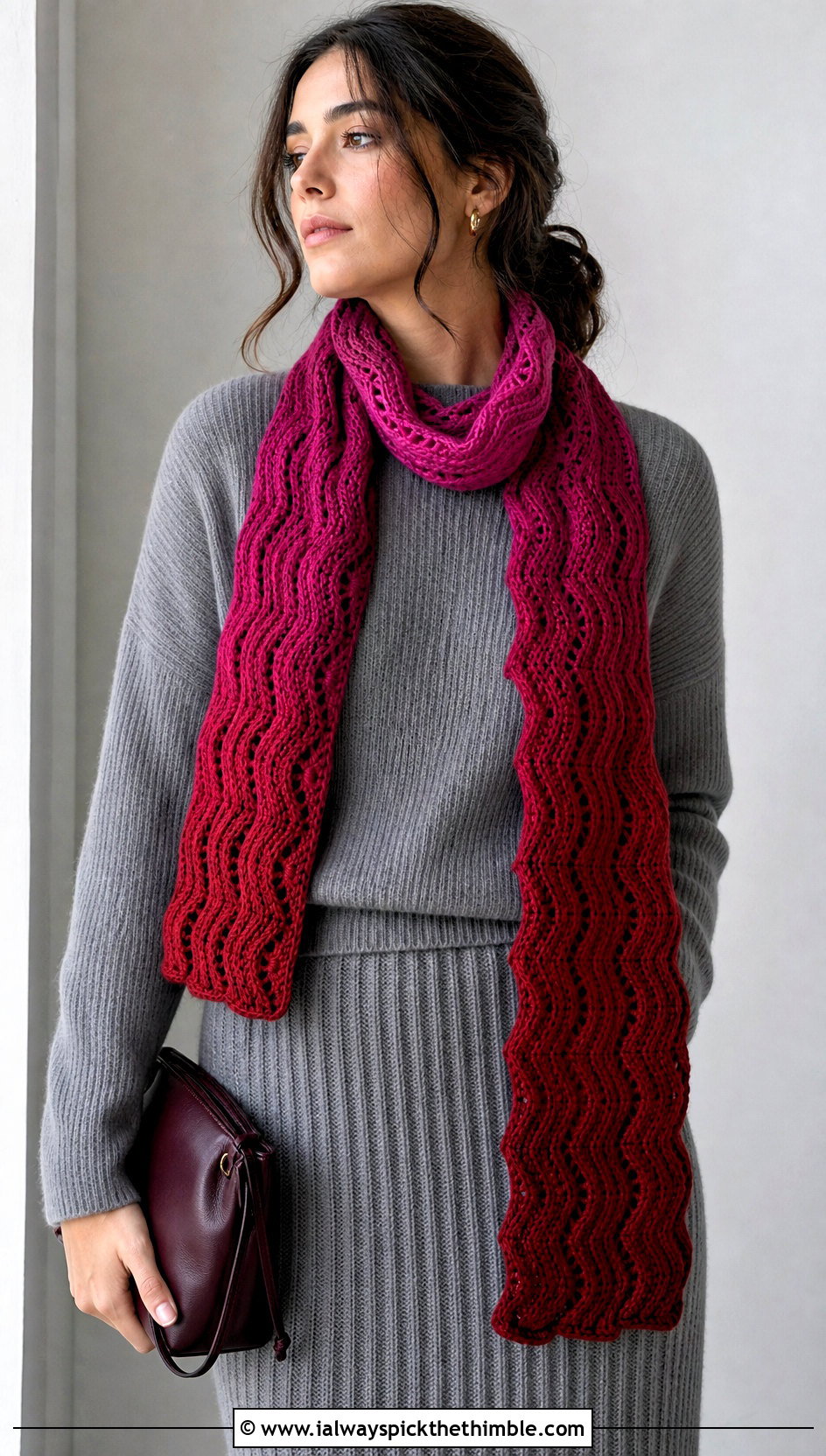 Ombre Ripple Crochet Scarf With Monochrome Knit Set - 20 wavy crochet scarf outfit ideas