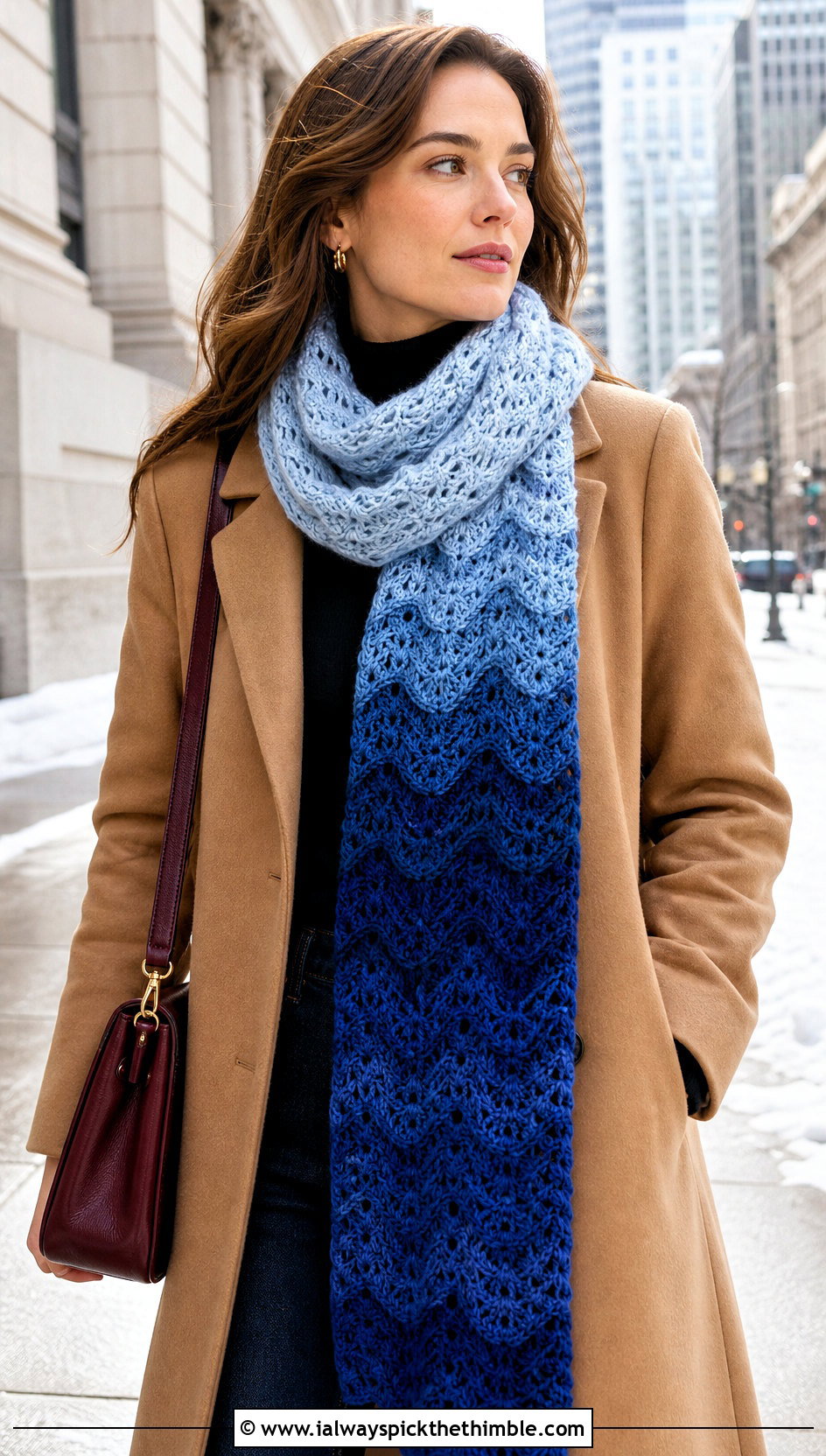 Ombre Ripple Stitch Crochet Scarf With Tailored Coat And Dark Jeans - 15 ripple stitch crochet scarf outfit ideas