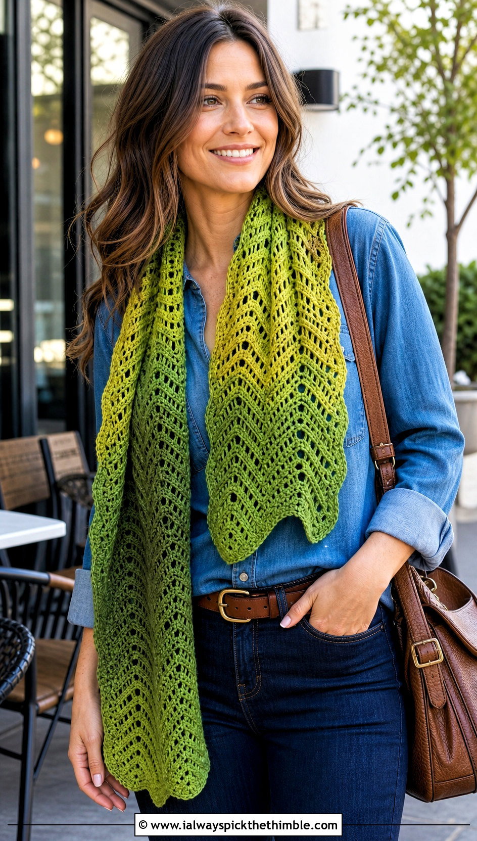 Ombre Ripple Zig Zag Crochet Scarf With Denim Shirt - 20 Zig Zag Crochet Scarf outfit ideas