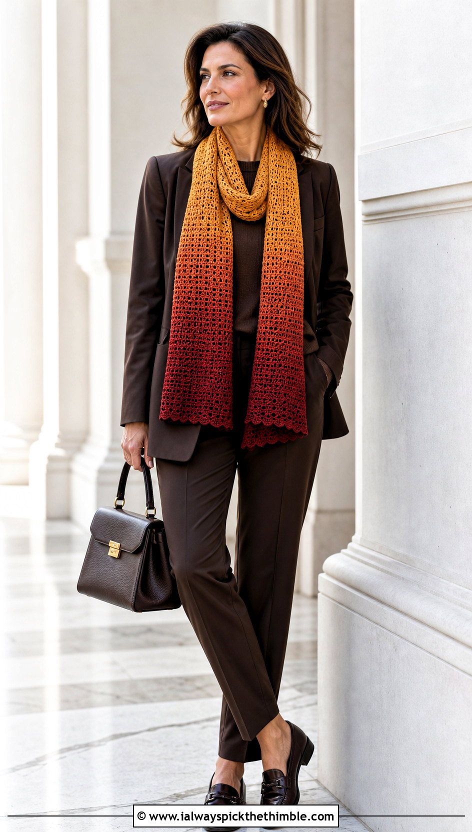 Ombre Roll Up Scarf With Monochrome Suit And Loafers - 20 Crochet Roll Up Scarf outfit ideas