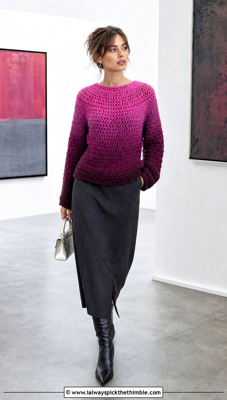 Ombre Round Yoke Crochet Sweater With Column Skirt - 20 Round Yoke Crochet Sweater outfit ideas