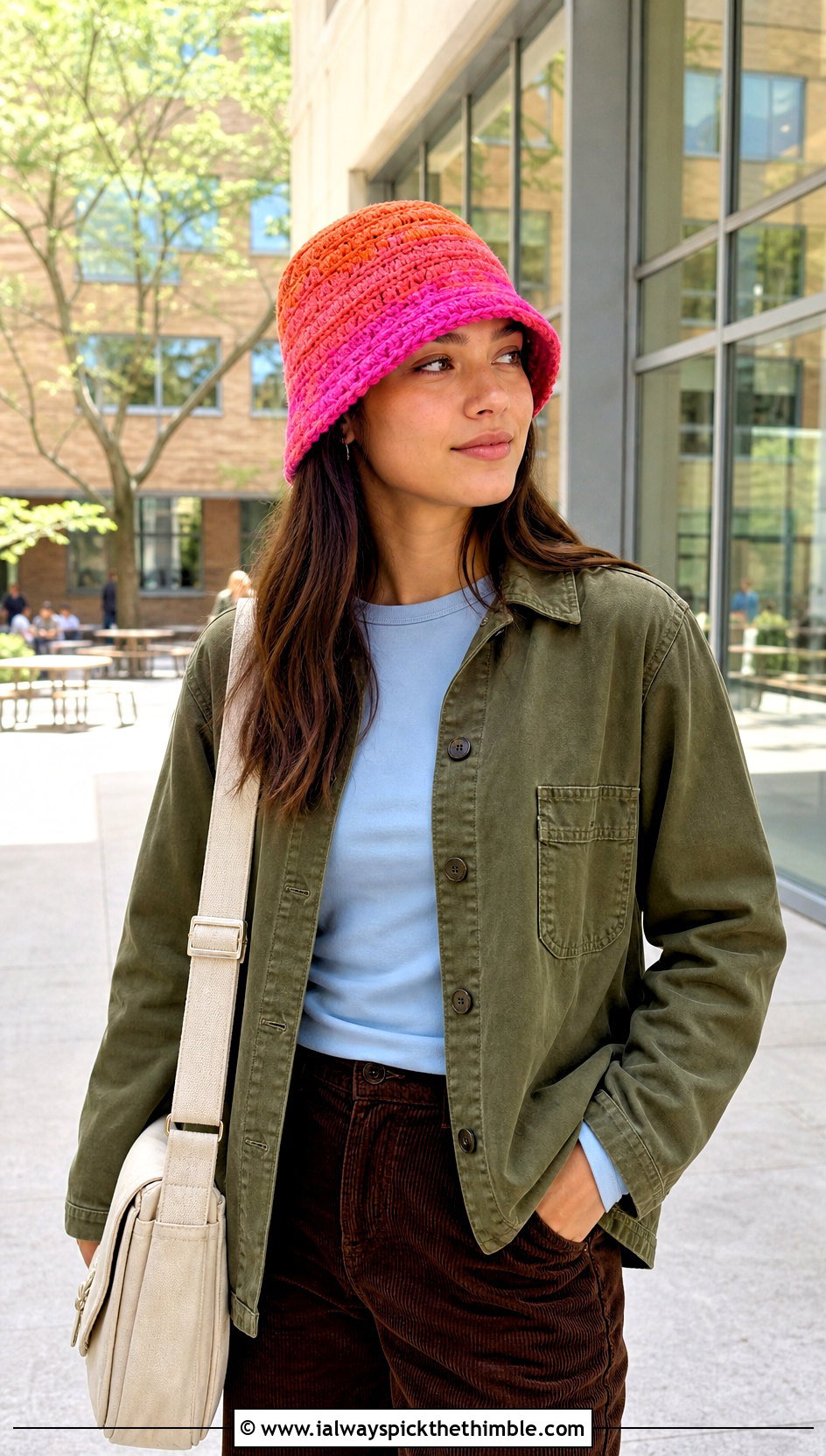 Ombre Scrap Stripe Bucket Hat With Chore Jacket And Corduroy Pants - 15 Scrap Happy Crochet Bucket Hat outfit ideas