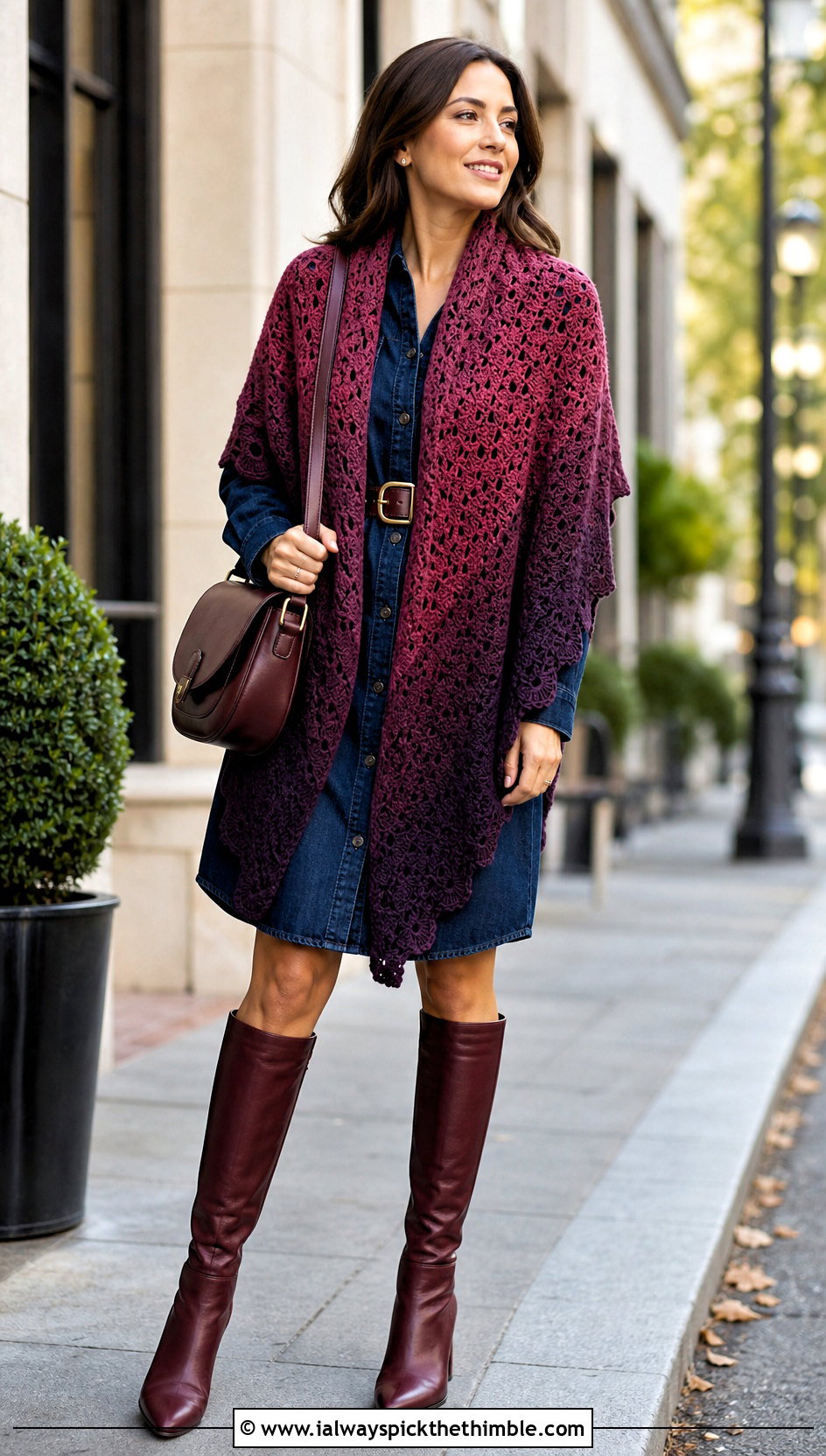 Ombre Shell Shawl With Denim Shirt Dress - 20 Crochet Shell Shawl outfit ideas