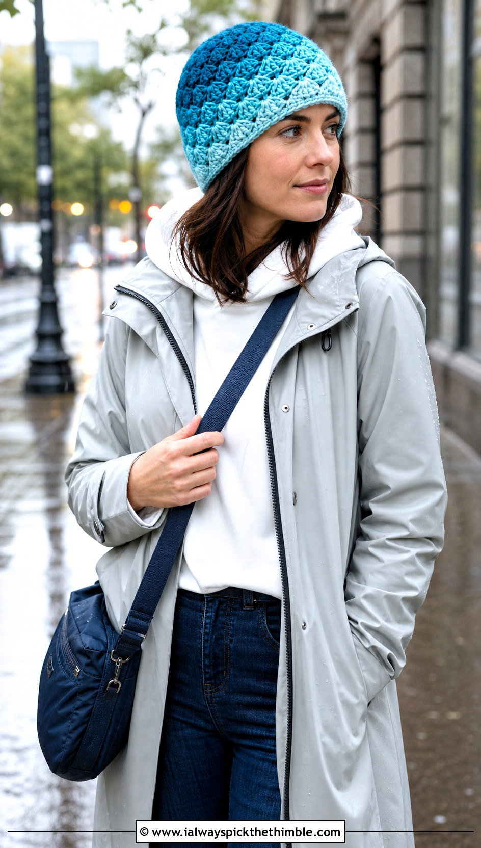 Ombre Shell Stitch Beanie With Raincoat - 15 Crochet Shell Stitch Beanie outfit ideas
