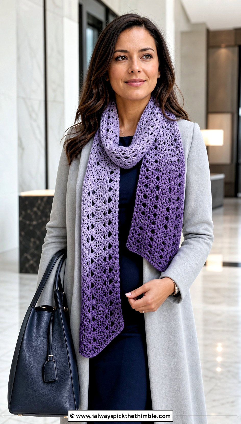 Ombre Shell Stitch Scarf With Long Coat And Midi Dress - 20 Shell Crochet Scarf outfit ideas