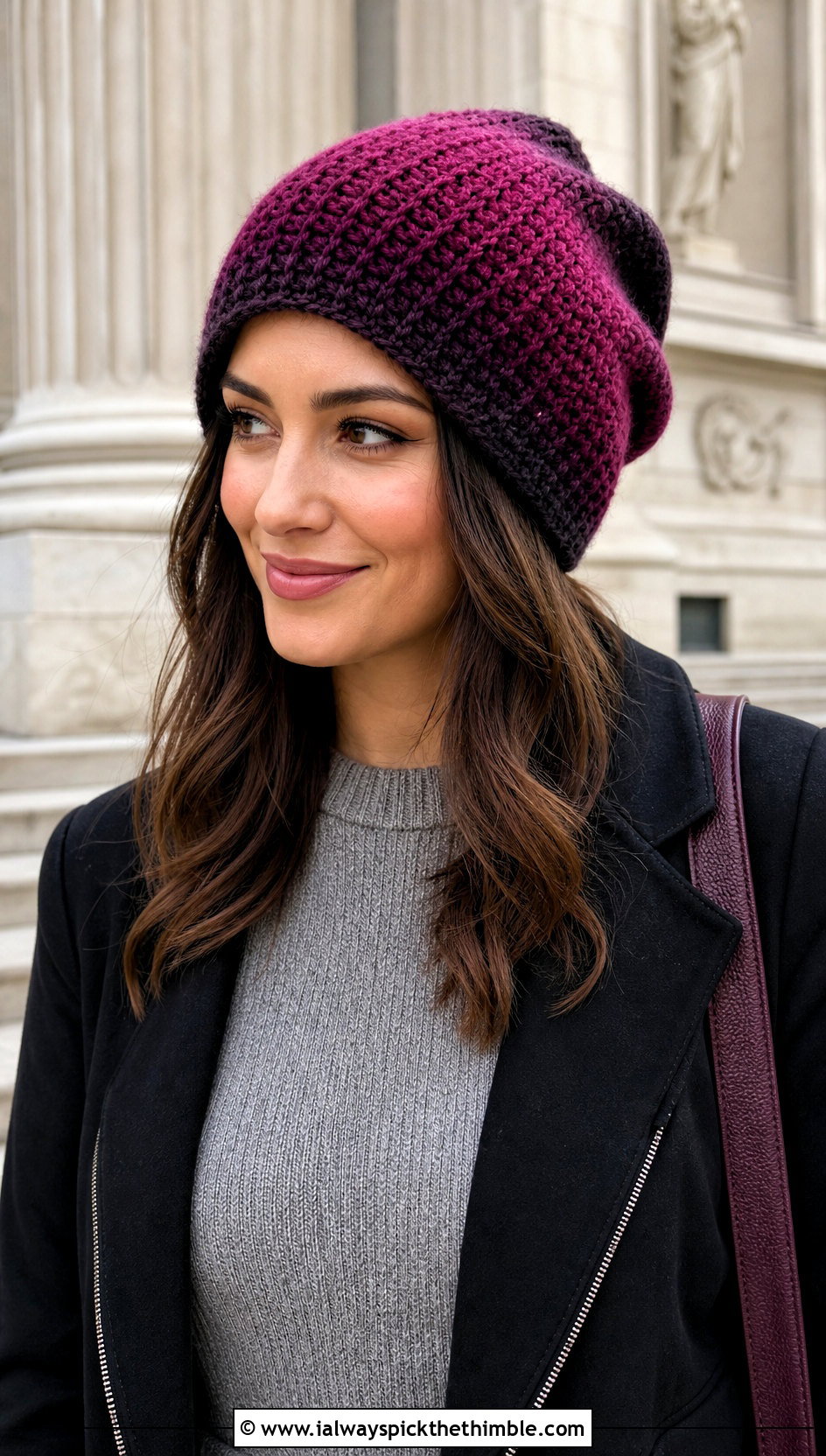Ombre Slouchy Crochet Beanie With Sweater Dress - 25 slouchy crochet beanie outfit ideas