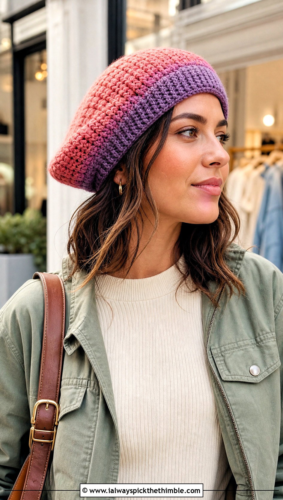 Ombre Slouchy Crochet Beret With Denim Midi Skirt - 20 Slouchy Crochet Beret outfit ideas